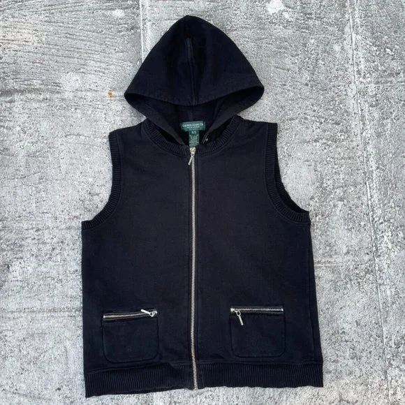 Ralph Lauren Petite Women Vest Black Cotton Hooded Zip Up Vest Size PS - Picture 2 of 11
